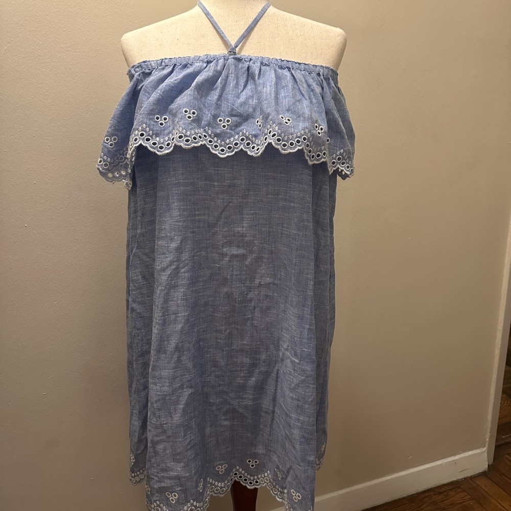 Blue Off-Shoulder Dress with Eyelet Trim